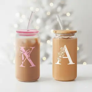 Sandjest 16oz Initial Personalized Glass Cups with Lids and Straws, Iced Coffee Drinking Mug, Aesthetic Gifts for Women Girls Christmas Birthday