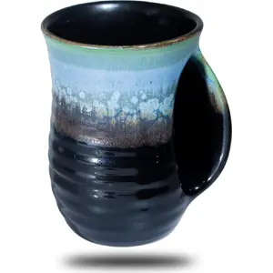 Hand Warmer Mug for Coffee - 16 Ounce Large Hand Warming Mugs Handmade Pottery Ceramic Gift for Thanksgiving Christmas with Contoured Pocket, Keep Your Fingers Warmth, Right Handed, Blue