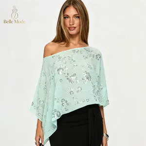 Women Poncho Tops Fashion Off One Shoulder Sequin Floral Decor Loose Fit Summer Cover Up Shawl Wrap