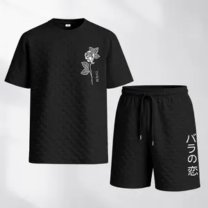 Men's Spring And Summer Japanese-Style Black Rose Print With Red And Black Line Checkered Fabric Drawstring Shorts Set, Casual Summer Outfit With Short-Sleeved Shirt And Shorts, Ideal For Everyday Wear And Sports Activities