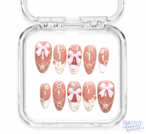 GakuNails BALLERINA BLUSH 10 PCS Medium Almond Handmade Press On 3D Bowtie Flower Builder Gel selectable size Reusable Nails