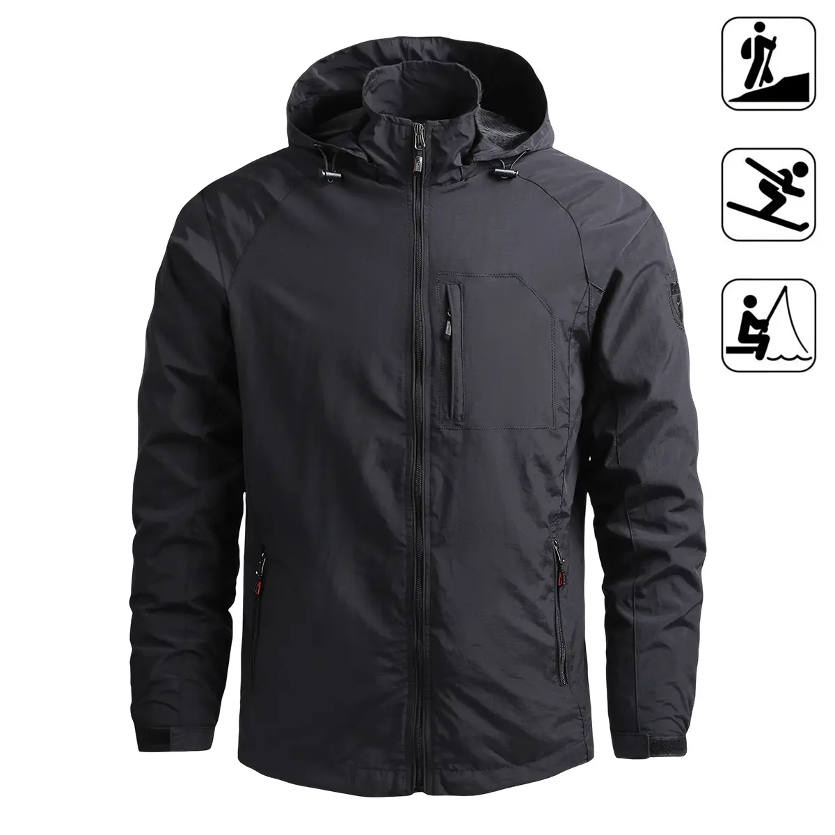 Men's Outdoor Hardshell Hooded Jacket - 4-Season Menswear Tops Coats with Zippered Pockets, Durable for Construction & Hiking, Professional Workwear No Accessories Included