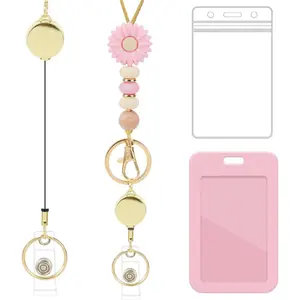 SQ-KC062 Retractable Lanyard ID Badge Holder - Pink Daisy Lanyard with ID Holder, Cute Teacher Retractable ID Badge Holder with Silicone Beaded Keys Keychain Breakaway Lanyards for Women Nurse Teachers Gifts