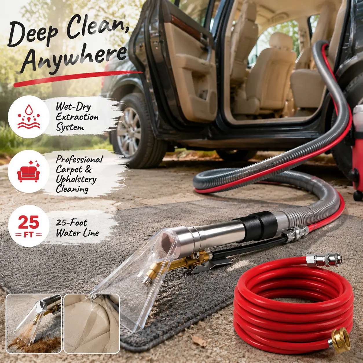 Shop Vac Extractor Hose Kit Adapter - Wet-Dry Vacuum Accessory with 25ft Line, User-Friendly Design, Floor Cleaning System Tools for Hand Vacuums & Auto Detailing