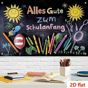 German Language Back-To-School Theme Sun Pencil Blackboard Scissors Illustrative Background Fabric, Home Decor for Living Room Bedroom Outdoor