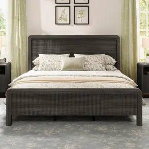 AMERLIFE Wood Bed Frame with Headboard & Footboard, Modern Fluted Wooden Platform Bed Frame with Rounded Safety Edges, Wood Slat Support, No Box Spring Needed, Easy Assembly