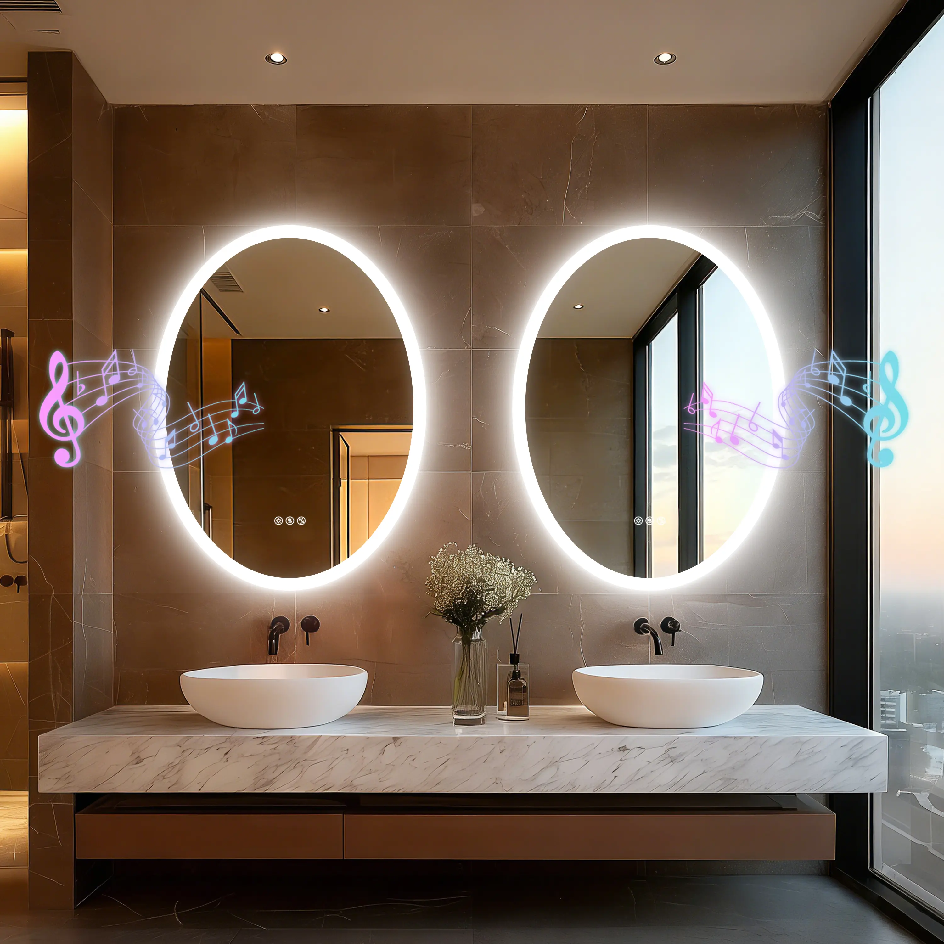 23.6x31.5in Oval LED Bluetooth Bathroom Mirror with Speakers, Anti-Fog, Dimmable, 3 Color Lighted Wall Vanity Mirror, Horizontal/Vertical Mount