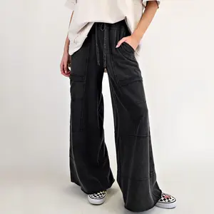 Women's Cargo Pants Mineral Wash Exposed Seam Drawstring Elastic Waistband Wide Leg Trousers Casual Minimalist Bottoms with Pockets