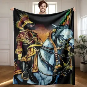 1 piece Equestrian portrait of Emperor Haile Selassie of Ethiopia themed flannel blanket - Modern-style flannel blanket, super soft and warm, suitable for sofas, beds and chairs, all-season multi-purpose use, machine-washable digital printing, 100%