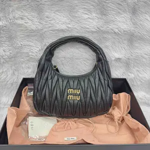 Pre-owned miumiu lambskin Top Handle Bags Miu Miu Black Wander Matelassé Nappa Leather Hobo Bag XiaoTang0002