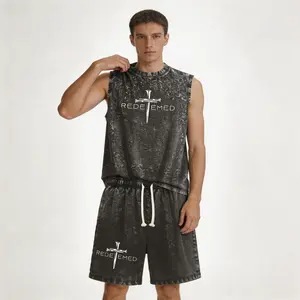 Men's Casual Washed Cotton "REDEEMED" Cross Print 2-Piece Shorts & Tank Clothes Set