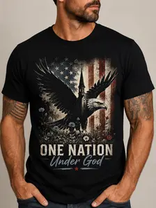 Men's One Nation Under God Graphic T-Shirt, Black Eagle American Flag Print Tee, Patriotic Christian Casual Short Sleeve Top