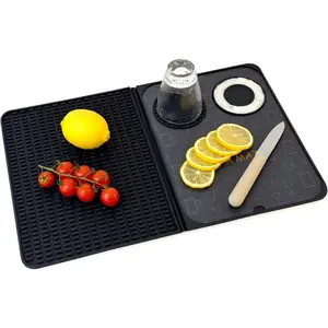 Folding Bar Mat with Built-In Cutting Board – 18" x 12" Non-Slip Cocktail Prep Mat for Countertops, Home Bar Décor, Outdoor Bars & Travel (Black)