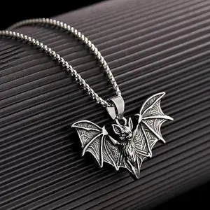 Meraki Gothic Style Bat Pendant Necklace Stainless Steel Vampire Jewelry Chain Halloween Accessory for Men Adults