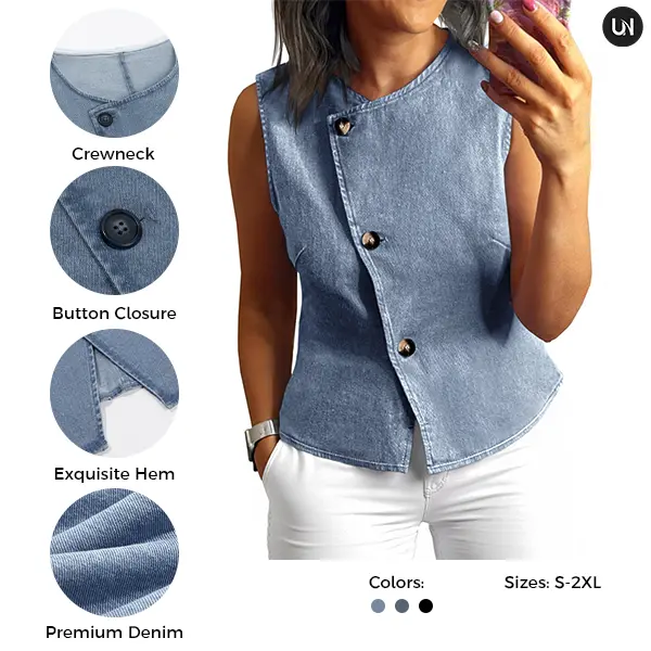 UNCLECAT Women's Polyester Denim Vest - Sleeveless Button-Down Round Neck Waistcoat Top for Summer Business Casual Work, Tops, Lady, Basic, Clothes, Wedding, Interview, Vest Top