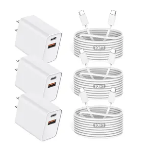 For iPhone 17 Fast Charger,3/2/1-Pack 20W Dual Port USB C+A Power Adapter with 10Ft Long USB C to C Fast Charging Cable Cord Quick Charging for iPhone 17 Air/17 Pro/17 Pro Max/16/16 Pro/15/15 Pro/Pro Max