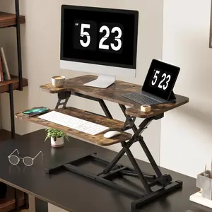 【TikTokShopBlackFriday】 Height Adjustable Standing Desk Converter, Sit-to-Stand Desk Riser U-Shape with Spacious Removable Keyboard Tray, 2-Tier Desktop Computer Workstation in Rustic Color