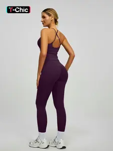 Women's Two-Piece Short Top & High-Waisted High Stretch Sporty Leggings with Back Pockets, Casual Outdoor Fitness, Comfortable Gym Wear, Gym Clothes Set, Workout Sets Women