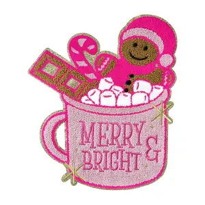 Iron On Chenille Embroidered Patches Christmas Gingerbread Man Heat Transfer Self-Applied Pink Applique Accessories for DIY Clothing Backpack Jacket