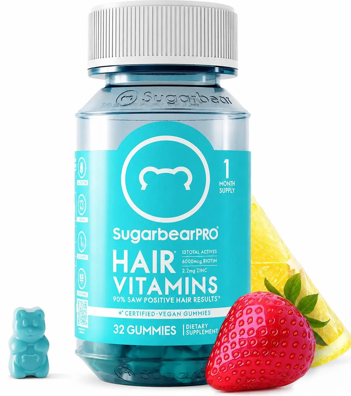 SugarbearPRO Hair Vitamin Gummy 1 Month Supply, Extra Strength Biotin 6000mcg for Hair Growth, Vegan Vitamin B12, MSM, Inositol, Omega 3, Elderberry, Certified Kosher, Halal, Cruelty-Free
