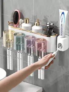 2-4 Cup Toothbrush Holder Set, Creative Wall-Mounted Bathroom Organizer With Toothpaste Dispenser. Random Cup Colors (Gray, Blue, Purple, Pink, Yellow) May Not Match Rendering, Suitable For Graduation Gifts, Bachelor Parties, Bridesmaid Gifts