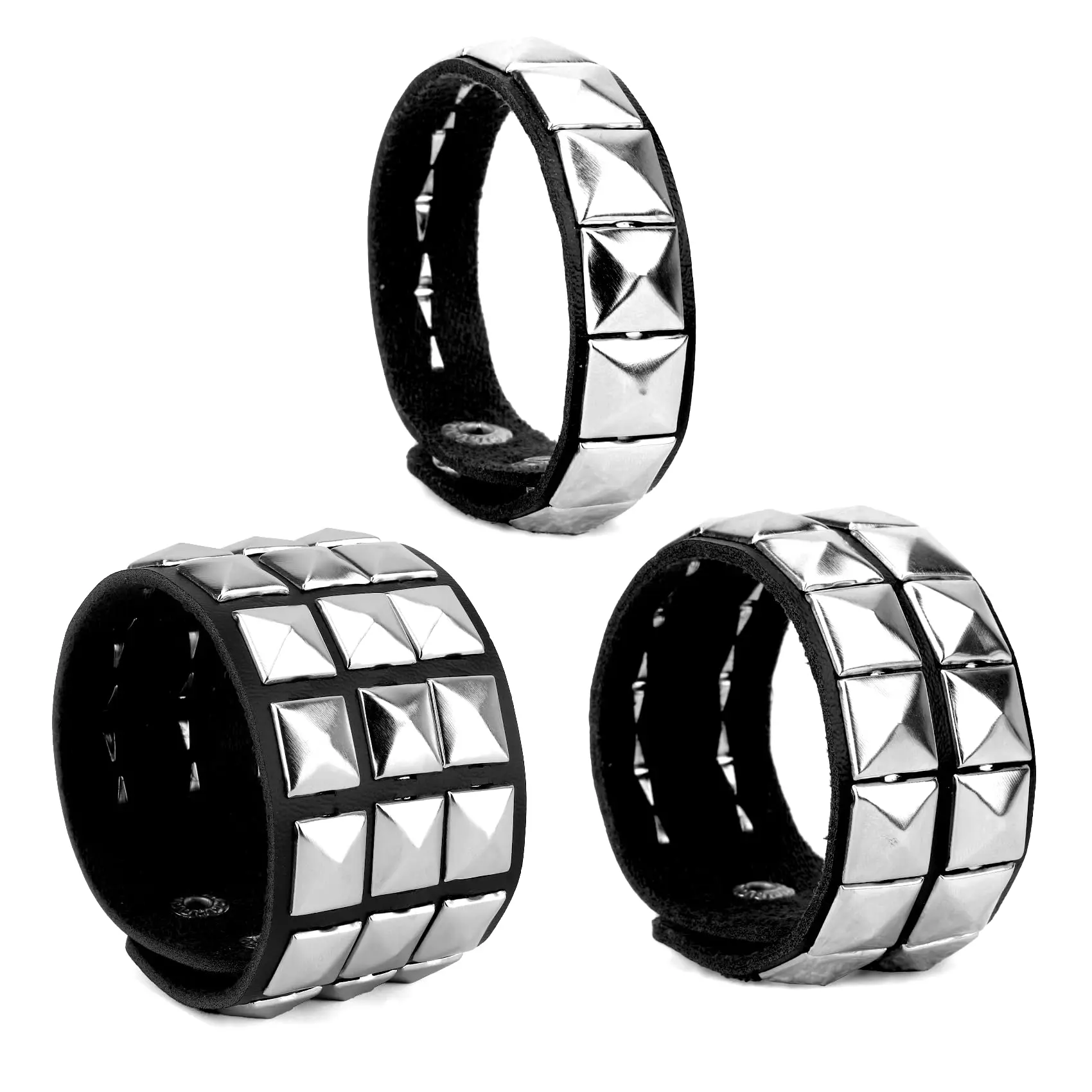 2026 Men And Women 3 PCS Unisex Punk Black Genuine Leather Silver Pyramid Studs Wristband 80s Gothic Punk Glam