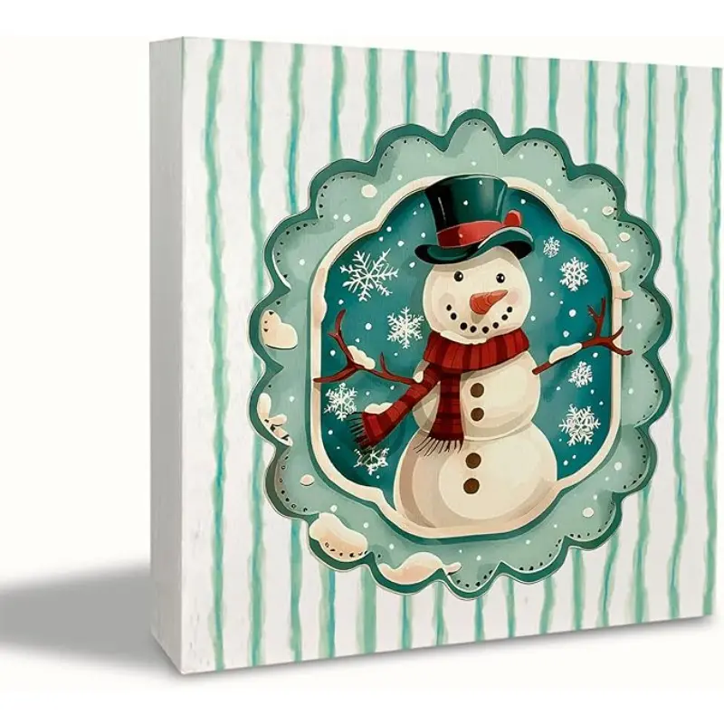 Green Christmas Snowman Wooden Box Sign, Christmas Snowman Decoration, Preppy Xmas Winter Snowflake Wood Box Block Sign for Home Office Desk Tabletop Shelf Decoration 5x5 Inch