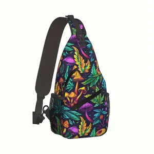 [Made in US] Crossbody Bag Hiking Backpack Mushroom Leaf Pattern Polyester Composite Cloth Large Capacity Durable Shoulder Bag for Shopping Work Leisure Travel Beach Fishing