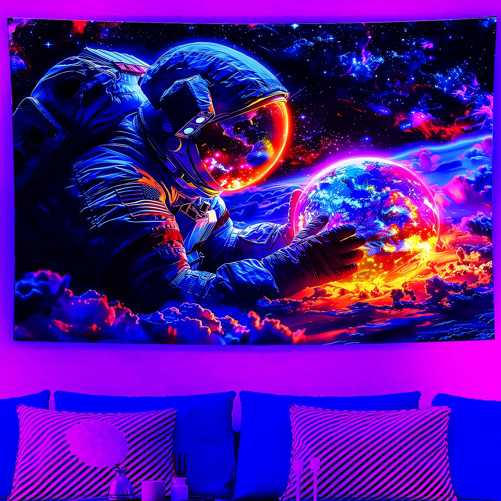 Black Light Astronaut Tapestry Psychedelic Star Tapestry UV reactive Fantasy wall tapestry Psychedelic neon Galaxy Space tapestry Room wall hanging Home Bedroom Decor Starry Sky Pattern Modern Stripe Design bedroom decor mens room decor tiktokshopspringgl