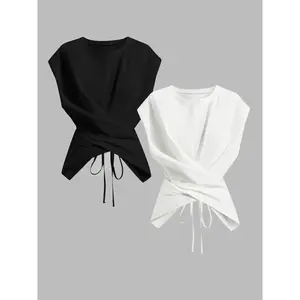 Women's Knit Round Neck Drop Shoulder Sleeve T-Shirt Set, Fashion Chic Casual Asymmetrical Ruched Cross Cutout Back Tie Top