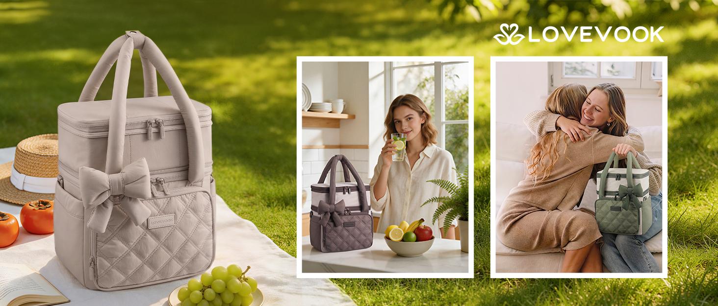 LOVEVOOK Insulated Lunch Bag Women,Expandable Double Deck Adult Lunch Box Women with Cup Holder,Bow Quilted Puffer Lunch Tote,Large Leakproof Collapsible Cooler Bag for Work College Picnic Meal Prep LOVEVOOK Insulated Lunch Bag Women,Expandable Double Deck Adult Lunch Box Women with Cup Holder,Bow Quilted Puffer Lunch Tote,Large Leakproof Collapsible Cooler Bag for Work College Picnic Meal Prep