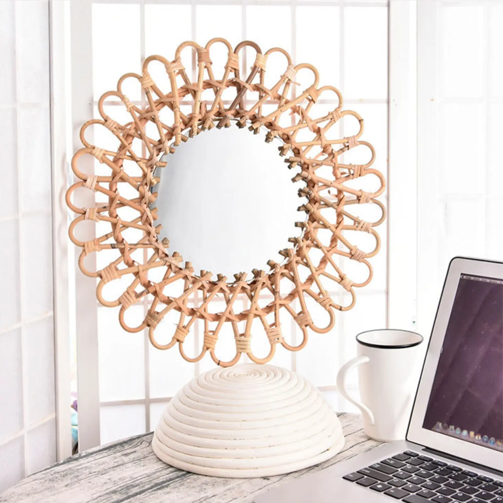Nordic Rattan Round Interior Mirror, 15.75in Diameter, 2025 Trendy Wooden Color, Durable Anti-Rust ABS Material, Rattan Base, Log Accent, Glam Style, Hanging-Wall Mount Installation (Includes Nail), Nature-Infused Home Decoration