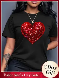 Sparkle Heart Cream Color Valentine's Day cotton T-Shirt, Best Selling Must-Have Item, Fashionable Loose Street Casual Wear