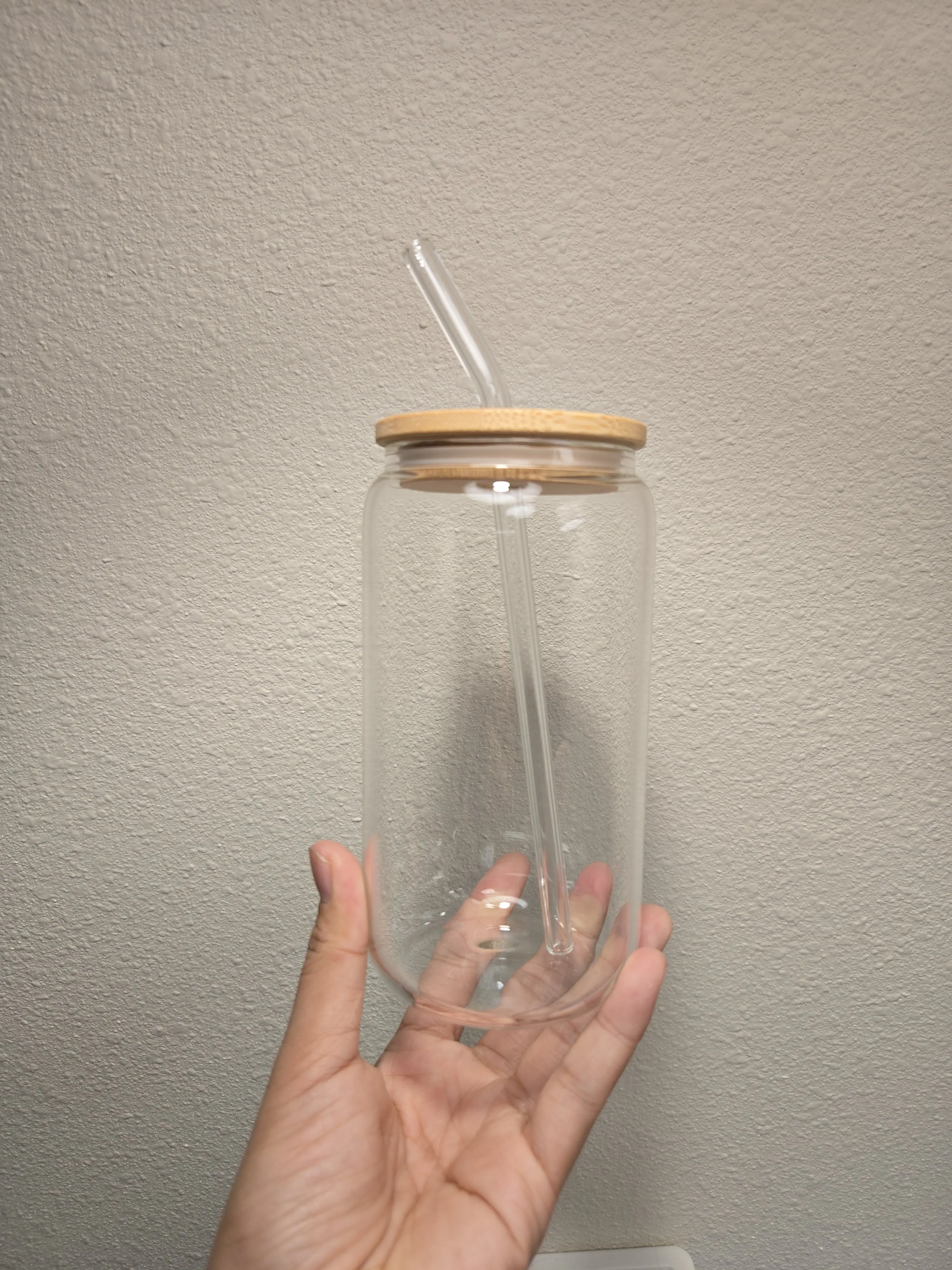 Glas 16oz Cup with Wooden Lid & Cleaning Brush - Choose the type of straw you like.