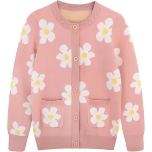 Girls Long Sleeve Button Down Knit Cardigan Sweater for Toddler Kids, School Uniform Sweater with Pockets, Fits 3-14 Years