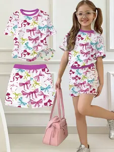 Girls' Short Sleeve T-Shirt and Shorts Set, Bow Pattern, Casual Summer Clothing Set, Y2K Style, Comfortable and Trendy, Perfect for School and Streetwear