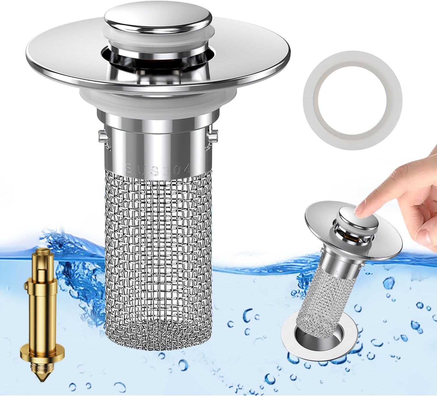 Stainless steel bathroom sink filter screen, bathroom sink stopper, 1/2 inch anti-odor sink rebound core, detachable drain plug, household items, easy-installation rebound-type bathroom drain plug with filter device and odor isolation device
