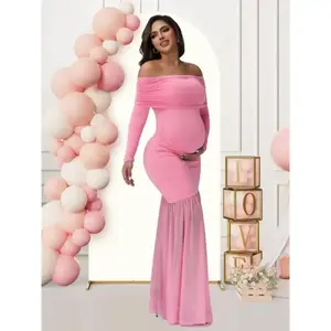 Maternity Off-Shoulder Long Sleeve Dress with Mesh Patchwork and Side Slit - Stretchy Slim Fit Mermaid Long Dress Suitable for Baby Showers, Photoshoots, Weddings Elegant Solid Color Maternity Wear Can be used with raincoat