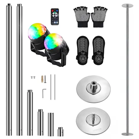 9'' x 9'' x 108'' Spinning Dancing Pole - Heavy-Duty Steel, Adjustable Height, Anti-Corrosion Surface, 2 Party Lights, Gloves & Socks - Gym/Workout Equipment for Pole Fitness Lovers - Home & Bar Use