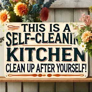 Vintage "This is a Self-Cleaning Kitchen" Metal Wall Sign - Rustic Farmhouse Decor, Metal Tin Sign Message Plaque for Kitchen, Dining Room & Halloween Home Decoration - Easy Installation