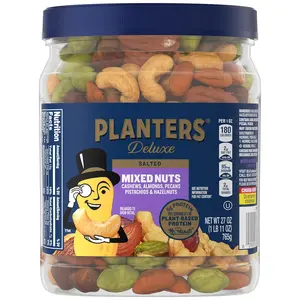PLANTERS Deluxe Roasted Sea Salt Dried Mixed Nuts - 27oz, Salty & Savory, Includes Cashews, Almonds, Pecans, Pistachios, Hazelnuts, Plant-Based Protein Mix, US Cupboard Essential, Adult Party Snacks