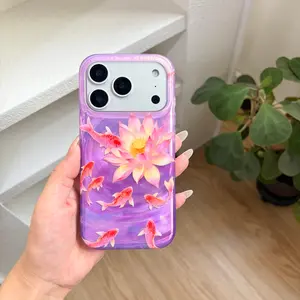 Chinese Style Full Screen Lotus Koi Fish Vortex Pattern Shock Proof Phone Cover Case for iPhone 17 16 15 14 13 Pro Max Air
