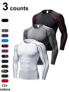 Men's 3pcs Long Sleeve Top Stitching Sports Tee, Sports Tops, Regular Fit Round Neck T-shirt, Athletic Sports Clothing, Sportswear Clothing For Indoor Outdoor Wear