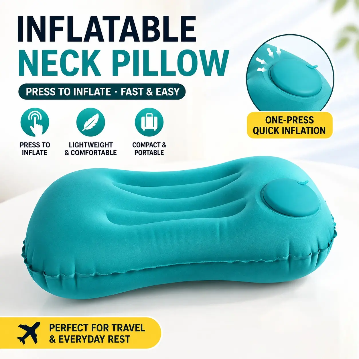 Portable Inflatable Travel Pillow, Press to Inflate in Seconds, Soft Air Cushion for Flight, Camping & Office Nap, Comfortable and Convenient