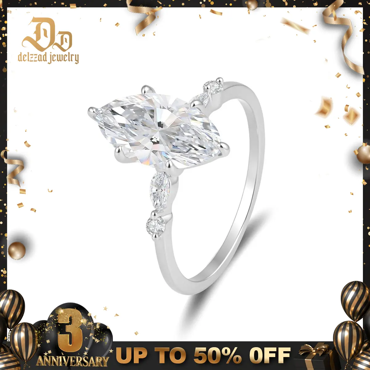 Delzzad 14K Gold-Plated 3.2ct The Everleaf Ring Marquise Engagement Ring Band VVS Synthetic Moissanite Ring Jewelry Perfect Birthday Engagement Wedding Anniversary Christmas Gift