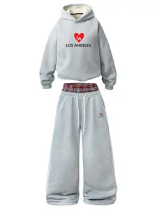 Men's Fall Winter Sports Set, Hooded Sweatshirt & Faux Two-Piece Wide Leg Pants, Plush Lining, Digital Print, Streetwear Style, Streetwear Tracksuit Set