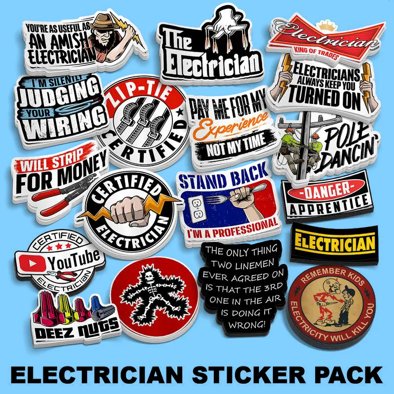 17 Electrician Best Sellers Sticker Pack *2 – Funny Electrical Trade Decals for Toolboxes, Hard Hats, Tumblers, Laptops, Work Gear & Gag Gifts