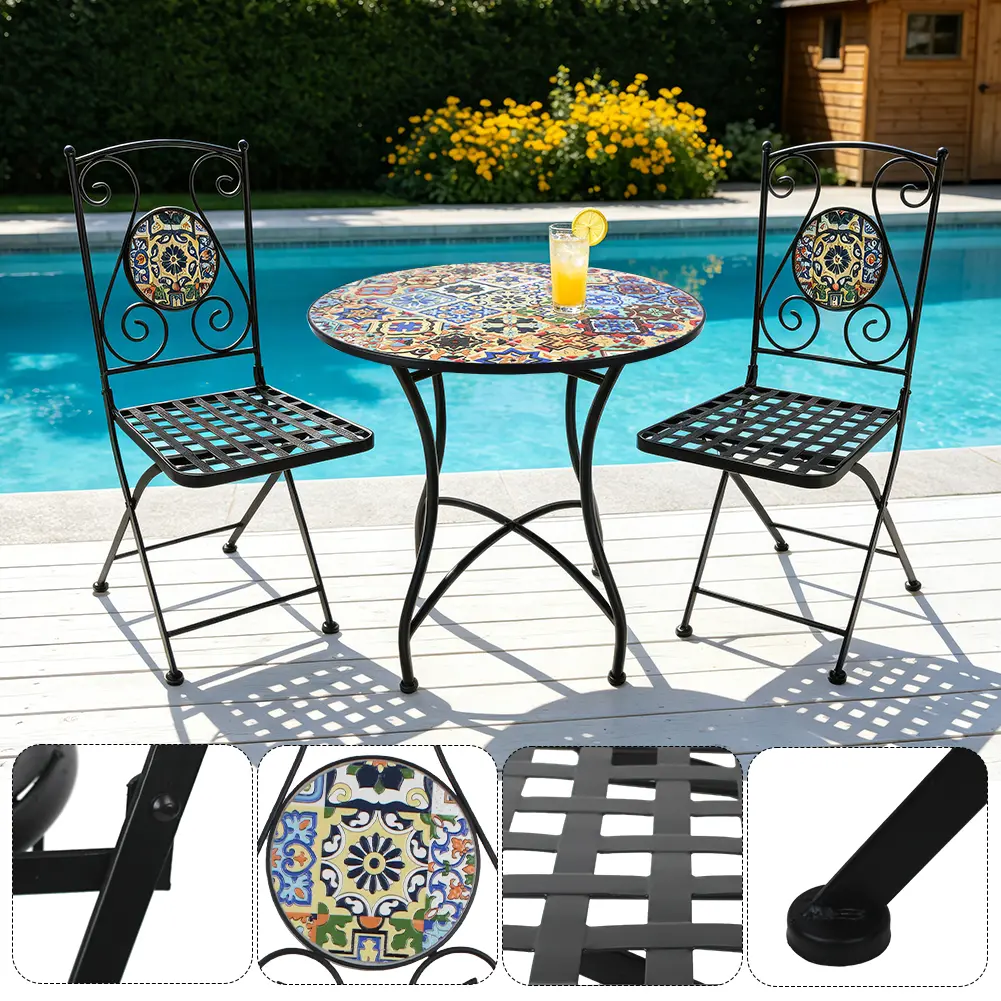 2-Pack Wrought Iron Patio Chairs - Boho Mosaic Tile Backrest, Foldable Legs, Grid Mesh, Pre-Assembled Mediterranean Bistro Side Dining Chairs for Garden, Porch