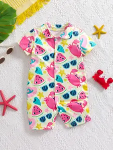 Cartoon Full Print Crab Watermelon Onesie for Boys Girls Babies, Turn-Down Collar Jumpsuit, Spring Summer Short Sleeve