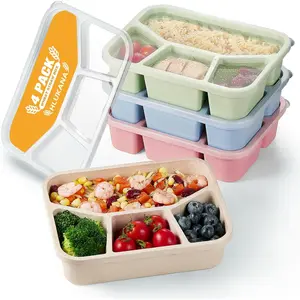 4 Pack Bento Lunch Box, 4 Compartment Wheat Straw Meal Prep Containers for Kids/Toddle/Adults, BPA Free Reusable Food Storage Containers, Durable Bento Box Suitable for School, Work and Travel